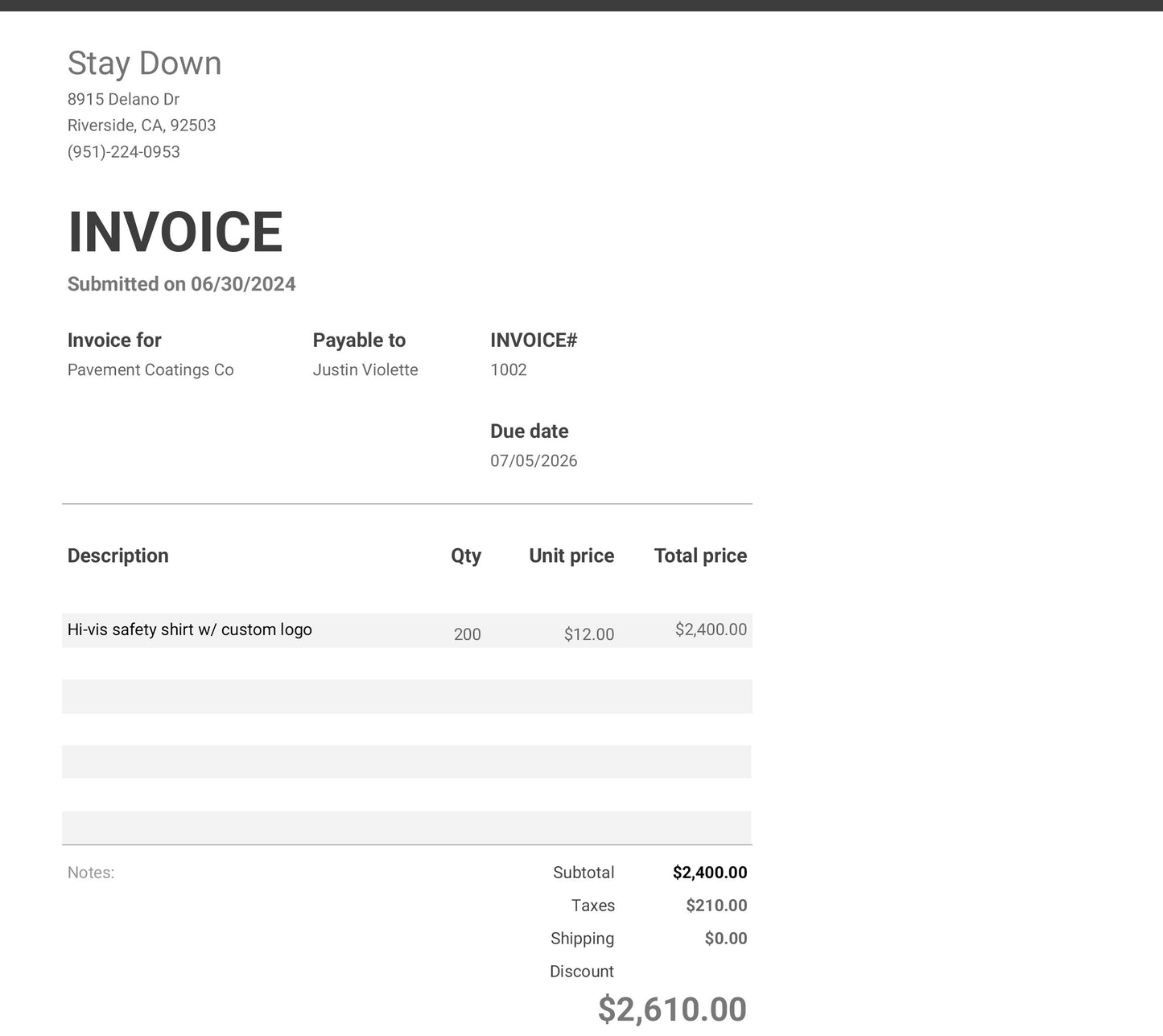 Pavement Coatings Co Invoice